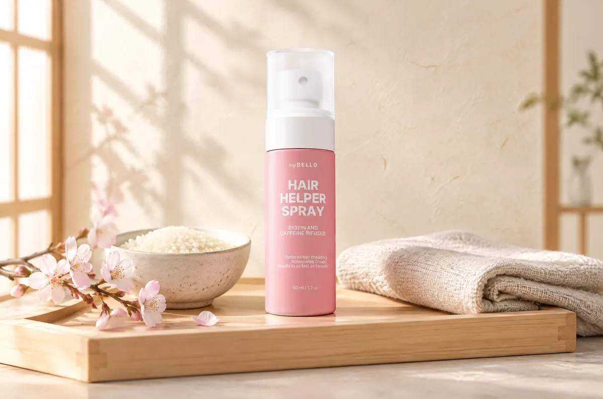 Hair Helper Scalp Spray on a wooden tray with rice and cherry blossom